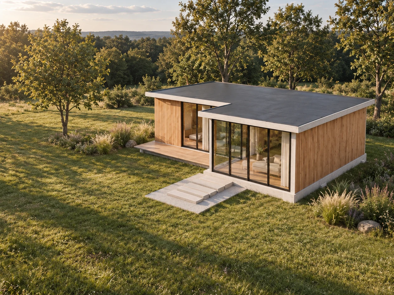 Visualización fotorrealista de una vivienda de un piso en L, con madera natural, grandes ventanales y jardín